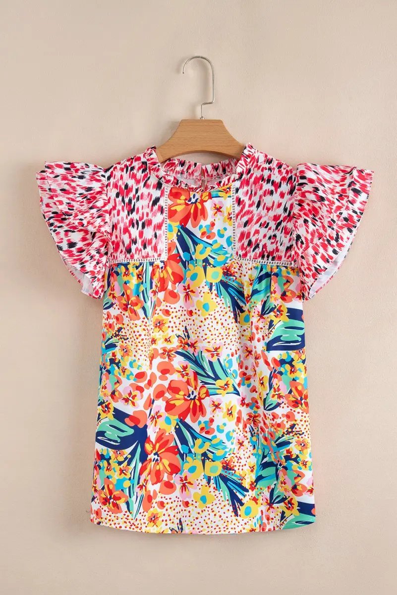 Red Floral Mixed Print Ruffle Cap Sleeve Blouse for Women - Love Salve